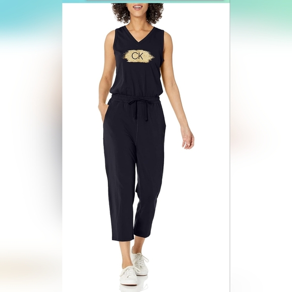 Calvin Klein Pants - Calvin Klein Women's Logo Jumpsuit Romper Drawstring, size L, black/gold